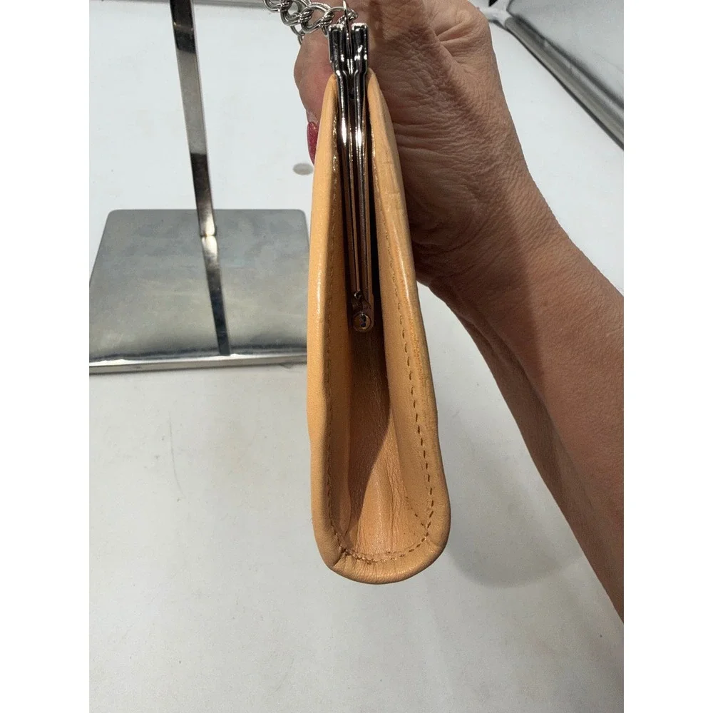 Monsac Vintage Tan Leather Kiss Lock Clutch Bag Silver Chain Strap Evening Purse